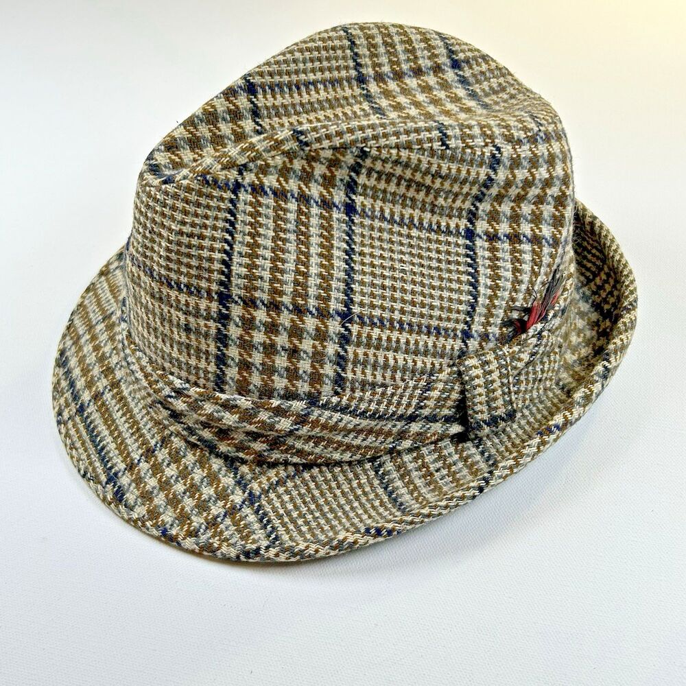 Vintage Kevin McAndrew Tweed Trilby Fedora Hat Mens Sz 7 3/8 Houndstooth Plaid W